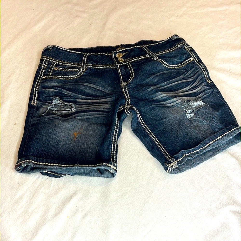 ⭐️ Almost famous mid rise mid length distressed jean shorts holes bling 7